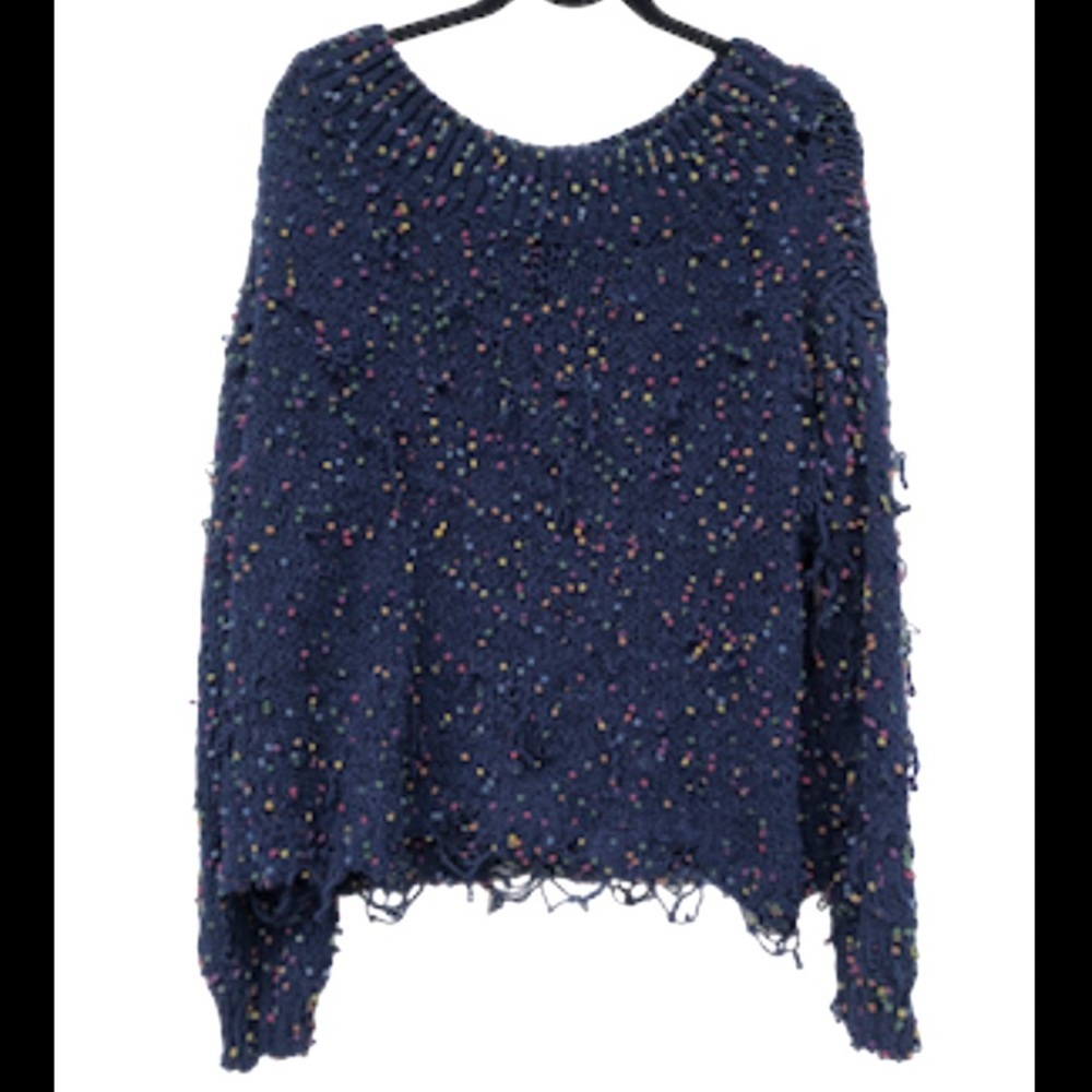 Aakaa rainbow confetti distressed navy chenille sweater L